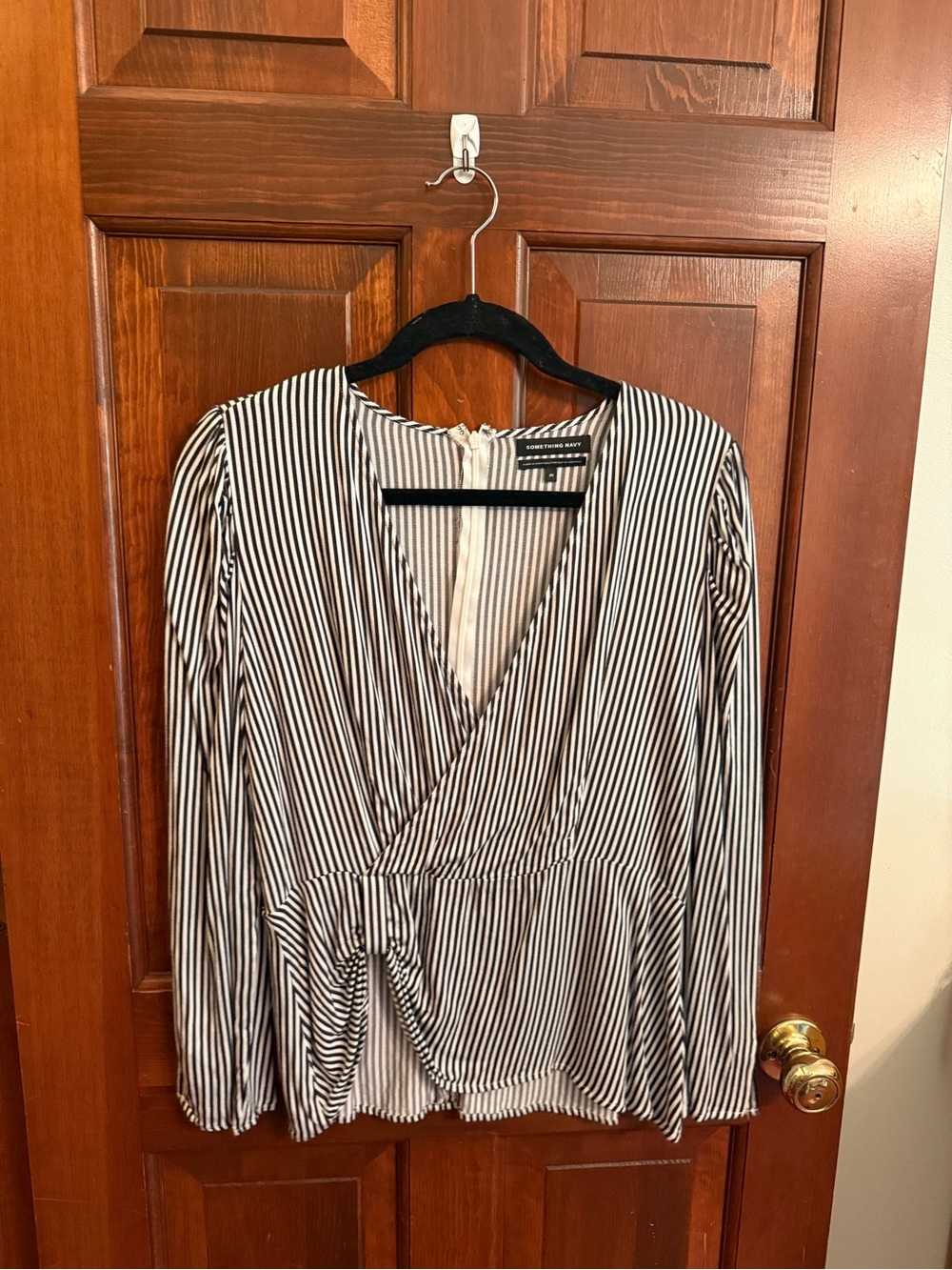 Something Navy Black White Striped Gathered Peplum Top